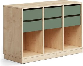 Úložná skrinka CASPER, 6 zásuviek, 3 priehradky, so soklom, breza/tmavozelená