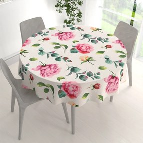 Biante Bavlnený okrúhly obrus Sandra SA-715 Veľké ružovočervené pivonky na smotanovom Ø 130 cm