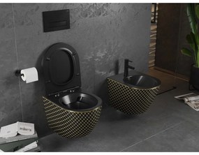 Mexen Lena, závesná toaletná misa 480x360x355 mm s pomaly padajúcim sedátkom, čierna matná - zlatý vzor, 30224079