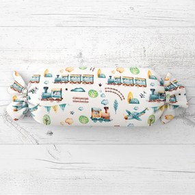 Biante Detský vankúš valec bonbon Sandra SA-659 Modré vláčiky s lietadielkami na bielom 15x40 cm