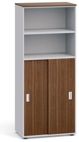 Dvojdverová kombinovaná kancelárska skriňa PRIMO, zasúvacie dvere na 3 poschodia, 800 x 420 x 1781 mm, sivá / orech