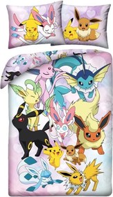 Posteľné obliečky z mikrovlákna Pokémoni - motív Pikachu a Eeveelutions - 135x200 cm + 80x80 cm