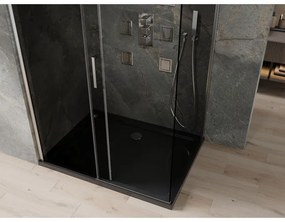 Mexen Omega, sprchový kút s posuvnými dverami 100 (dvere) x 90 (stena) cm, 8mm šedé sklo, chrómový profil + slim sprchová vanička čierna + chrómový sifón, 825-100-090-01-40-4070