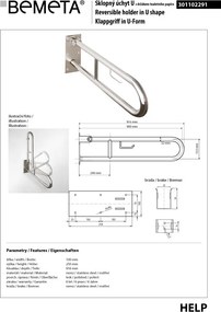 Bemeta Design HELP: Madlo, 900 mm, v tvare U, s držiakom TP, sklopné, bez krytky, nerez, lesk - 301102291
