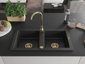Mexen Mario, granitový drez 820x436x161 mm, 2-komorový, čierna-strieborná metalíza so zlatým sifónom, 6504822000-73-G