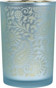 Modro strieborný sklenený svietnik s ornamentami Paisley vel.L - Ø12*18cm