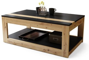 LUSSO Čierna matná/Dub Artisan -  MODERNÝ STOLÍK SO ZDVÍHAVOU STOLOVOU DOSKOU + ÚLOŽNÝ PRIESTOR + POLICA (NA KOLESÁCH!)