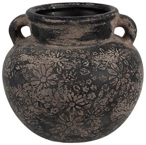 Čierno-sivý keramický obal na kvetináč s uchom a kvetmi - Ø 16*14 cm