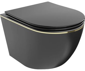 Mexen Lena WC misa Rimless s pomaly padajúcim sedátkom, duroplast, Čierna matná/Zlatá čiarový vzor - 30224075