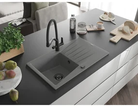 Mexen Cesar, 1-komorový granitový drez 775x470x190 mm a drezová batéria Duo, šedá, 6514-71-671701-70-B