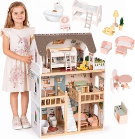 Drevený domček pre bábiky Laura, 3 poschodia, 5 izieb, 15 kusov nábytku, ECOTOYS