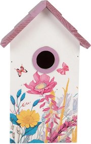 Bielo-fialová drevená vtáčia búdka s kvetmi Birdhouse - 15*10*22 cm