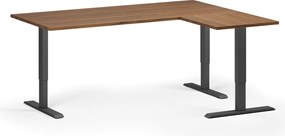Výškovo nastaviteľný stôl, 180x140 cm, 3 motory, L/P, čierna podnož, orech