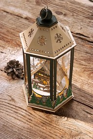 LED drevený lampáš Vianočný les s hracím strojčekom