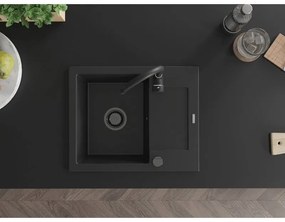 Mexen Enzo, granitový drez 576x465x174 mm, 1-komorový, čierna s čiernym sifónom, 6506571005-77-B