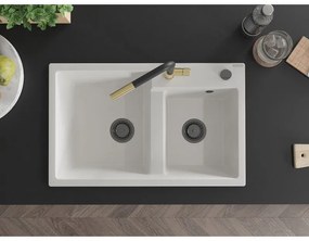Mexen Tomas, 2-komorový granitový drez 800x500x190 mm a drezová batéria Flora, biela, 6516-20-670401-57-B