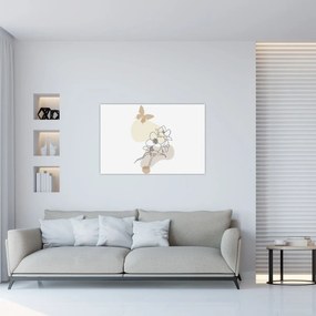 Obraz - Béžové kvety s motýľom N⁰3 (90x60 cm)