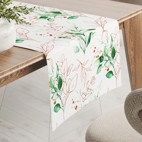 Biante Bavlnený behúň na stôl Sandra SA-706 Zeleno-hnedé vetvičky s lístkami na bielom 45x140 cm