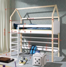 Detská vyvýšená posteľ z masívu borovice OLYMPIA - 200x90 cm - prírodná borovica/biela