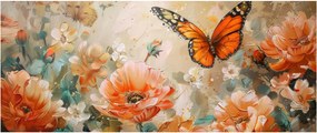 Obraz - Motýľ a kvety, olejomaľba (120x50 cm)