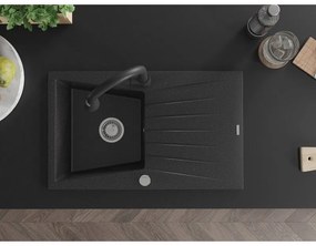 Mexen Cesar, 1-komorový granitový drez 775x470x190 mm a drezová batéria Elia, čierna-strieborná metalíza, 6514-73-670101-70