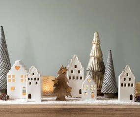 Béžová dekorácia porcelánový domček s Led svetielkami Christmas House L - 8*8*20 cm
