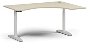 Výškovo nastaviteľný stôl OBOL, elektrický, 675-1325 mm, ergonomický pravý, doska 1600x1200 mm, biela zaoblená podnož, orech