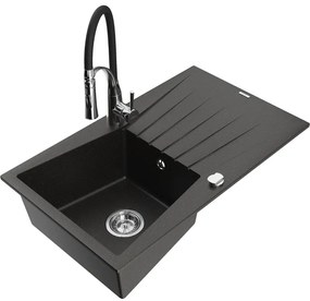 Mexen Cesar, 1-komorový granitový drez 775x470x190 mm a drezová batéria Aster, čierna-zlatá metalíza, 6514-75-73450-07