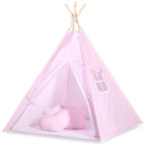 Bobono Stan Teepee pre deti + podložka na hranie + ozdobné pierka - Biele bodky na ružovej