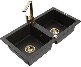 Mexen Mario, granitový drez 820x436x161 mm, 2-komorový, čierna-zlatá metalíza so zlatým sifónom a zlatá drezová batéria Rita, 6504-75-670300-50