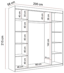 ŠATNÍKOVÁ SKRIŇA S POSUVNÝMI DVERAMI CYNTIA BIELA + ZLATÉ LIŠTY 200 cm