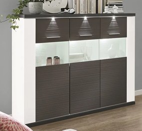 Široká vitrína Caracas typ 22, grafit/biely lesk, s osvetlením