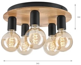 Stropné svietidlo DUSTY 5xE27/15W/230V pr. 34 cm dub/čierna