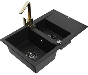 Mexen Gaspar, granitový drez 737x475x177 mm, 1,5-komorový a zlatá batéria Rita, čierna, 6507-77-670300-50-B