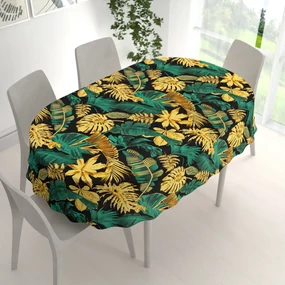 Biante Bavlnený oválny obrus Sandra SA-603 Zeleno-zlaté tropické listy na čiernom 80x120 cm