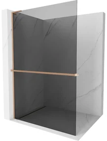 Mexen Kioto+ L, sprchová zástena Walk-In s poličkou a vešiakom 90 x 200 cm, 8mm šedé sklo, medený matný profil, 800-090-123-65-40