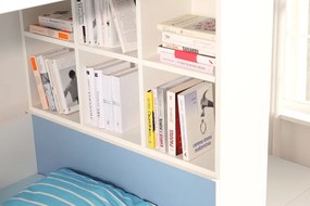 Detská poschodová posteľ z masívu borovice GASPAR so šuplíkmi a regálom - 200x90 cm - biela/dub sonoma