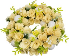 Jarný veniec s drevenými kvetmi a vajíčkami 30 cm