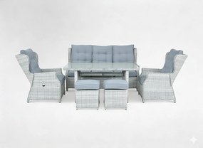 Garden Line SÚPRAVA ZÁHRADNÉHO NÁBYTKU Z HLINÍKA A RATANU (SOFA + STÔL + 2 KRESLÁ + 2 TABURETY) ŠEDÁ + ŠEDÉ VANKÚŠE *0404