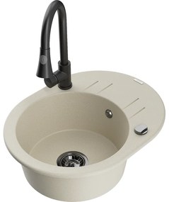 Mexen Kevin, 1-komorový granitový drez 586x458x190 mm a drezová batéria Elia, béžová, 6517-69-670101-70