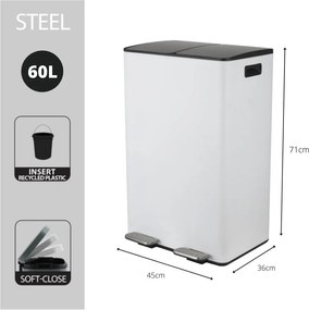 Matne biely oceľový odpadkový kôš 2x30 l na triedený odpad/nášľapný Aliya – Spirella