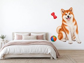 Akita inu s loptičkou a kosťou maľované textilné nálepky na stenu arch 31 x 46 cm