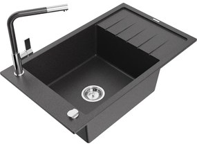 Mexen Elias, 1-komorový granitový drez 795x480x200 mm a drezová batéria Flora, čierna škvrnitá, 6511-76-670401-08