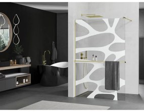 Mexen Kioto+, sprchová zástena s poličkou a držiakom na uteráky 110 x 200 cm, 8mm číre sklo vzor biely, zlatý profil 800-110-121-50-97