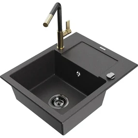 Mexen Enzo, 1-komorový granitový drez 576x465x174 mm a drezová batéria Flora, čierna škvrnitá, 6506-76-670401-75-B