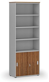Kombinovaná kancelárska skriňa PRIMO GRAY, zasúvacie dvere na 2 poschodia, 2128 x 800 x 420 mm, sivá/orech