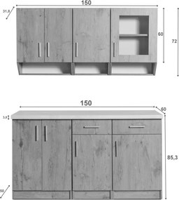 Kuchynská linka Diana 150 Ramiak, Artisan/Artisan (doska Artisan/U3 satyna)