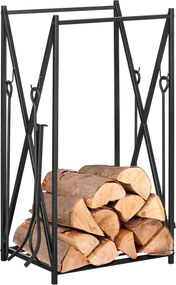 HOMCOM Štýlový držiak na polená 46x30x76 s 4 náradiami, oceľový rám, stabilný nosnosť 100 kg, na exteriér aj interiér | Aosom