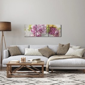Obraz - Kvety na stene v pastelových farbách (s hodinami) (90x30 cm)