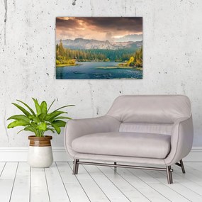 Sklenený obraz horskej rieky a hôr (70x50 cm)